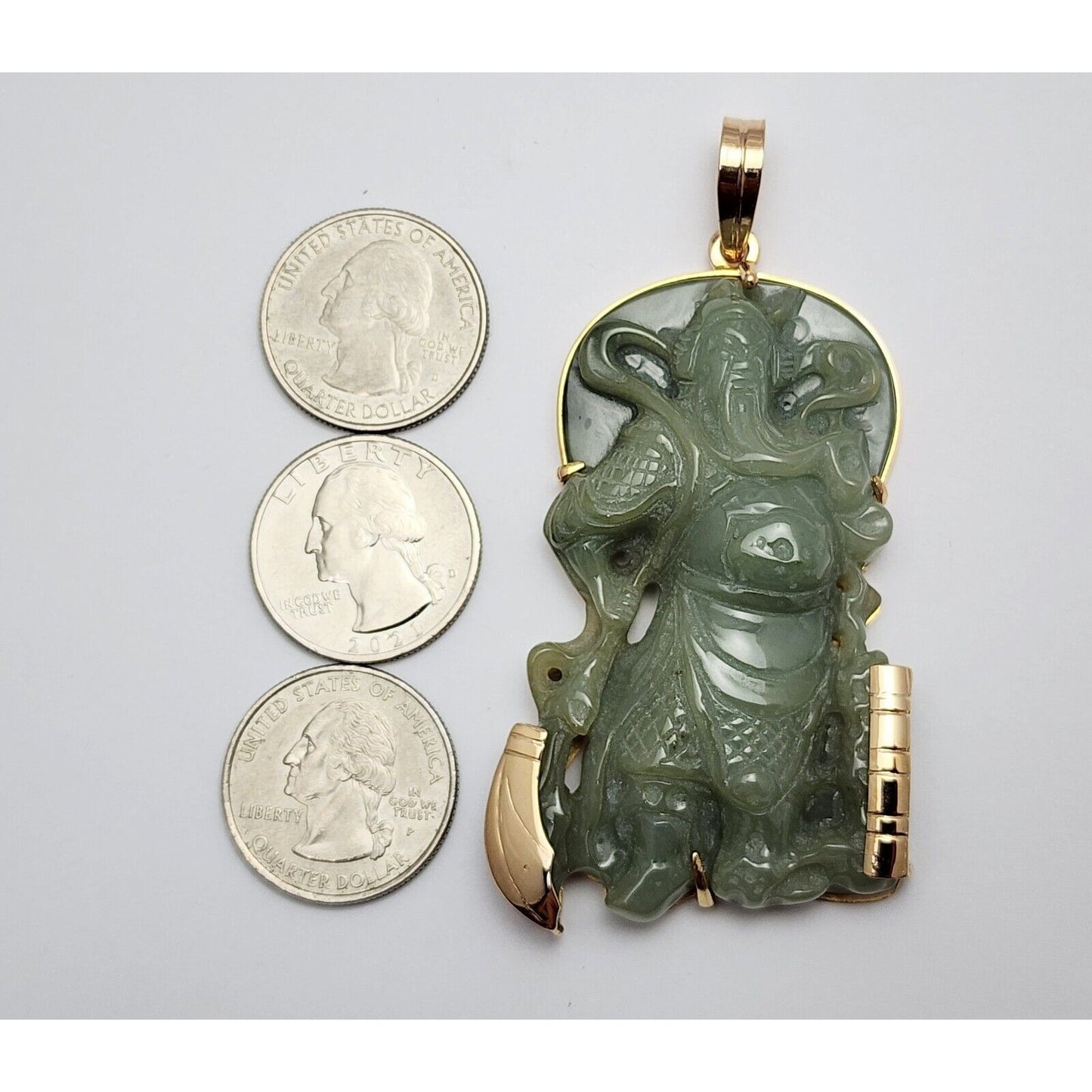 Large 14K Yellow Gold Green Jadeite Jade Guan Yu Guan Gong Carved Charm Pendant