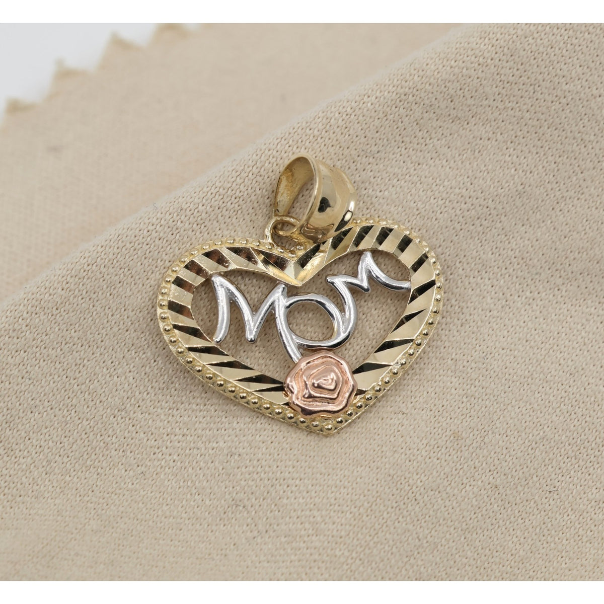 14K Tri Tone Gold Diamond Cut Heart Initial "Mom" Charm Pendant