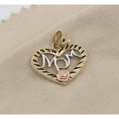 14K Tri Tone Gold Diamond Cut Heart Initial "Mom" Charm Pendant