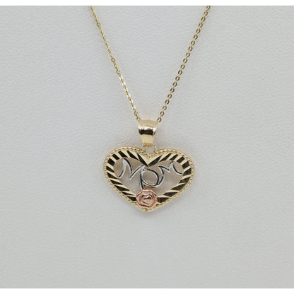 14K Tri Tone Gold Diamond Cut Heart Initial "Mom" Charm Pendant