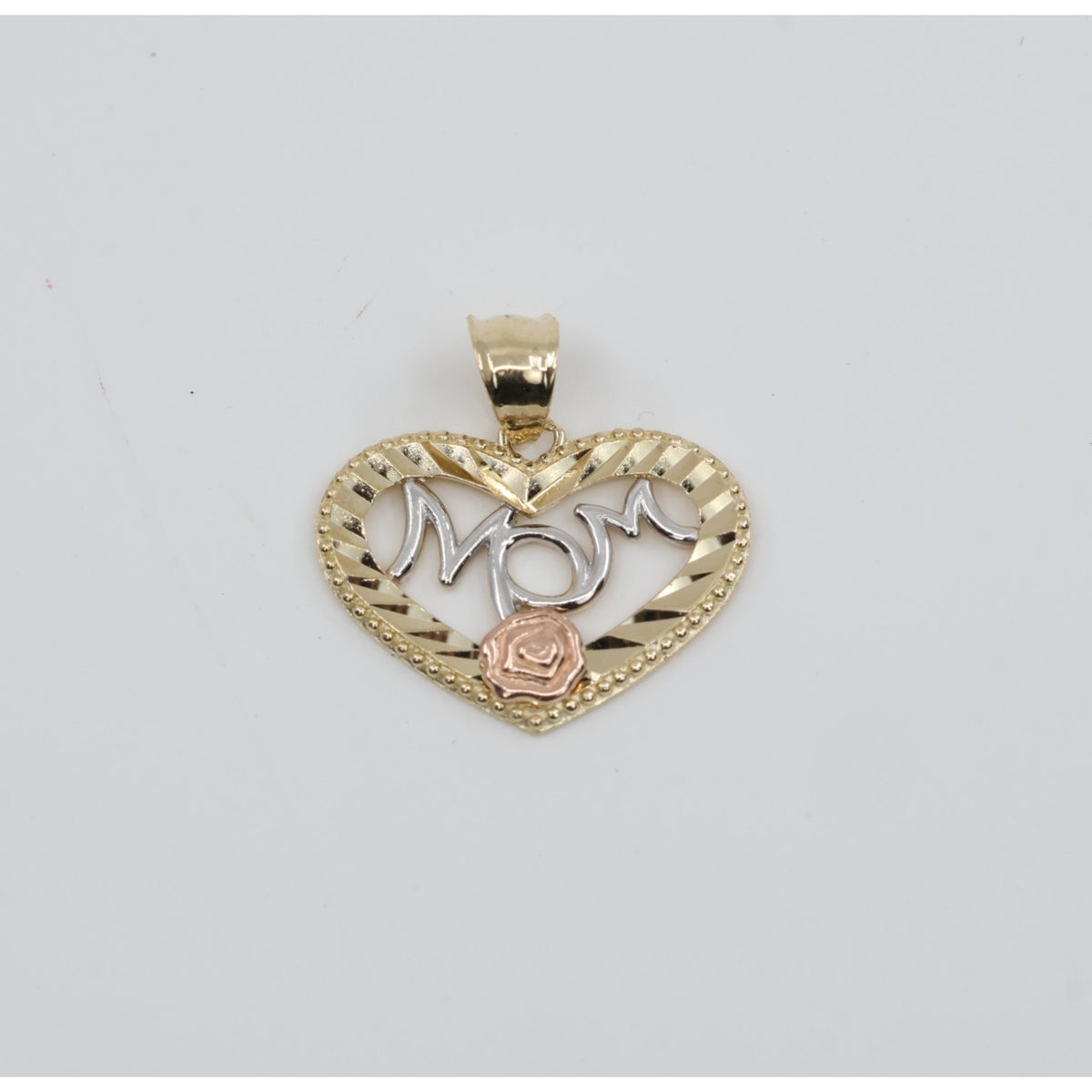 14K Tri Tone Gold Diamond Cut Heart Initial "Mom" Charm Pendant