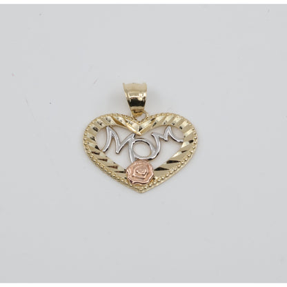 14K Tri Tone Gold Diamond Cut Heart Initial "Mom" Charm Pendant