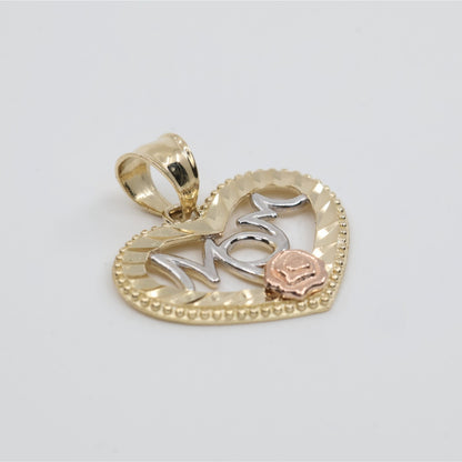 14K Tri Tone Gold Diamond Cut Heart Initial "Mom" Charm Pendant