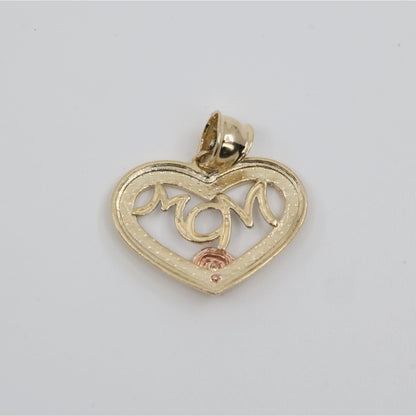 14K Tri Tone Gold Diamond Cut Heart Initial "Mom" Charm Pendant