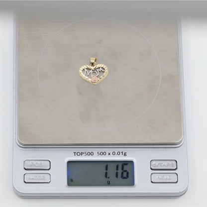 14K Tri Tone Gold Diamond Cut Heart Initial "Mom" Charm Pendant