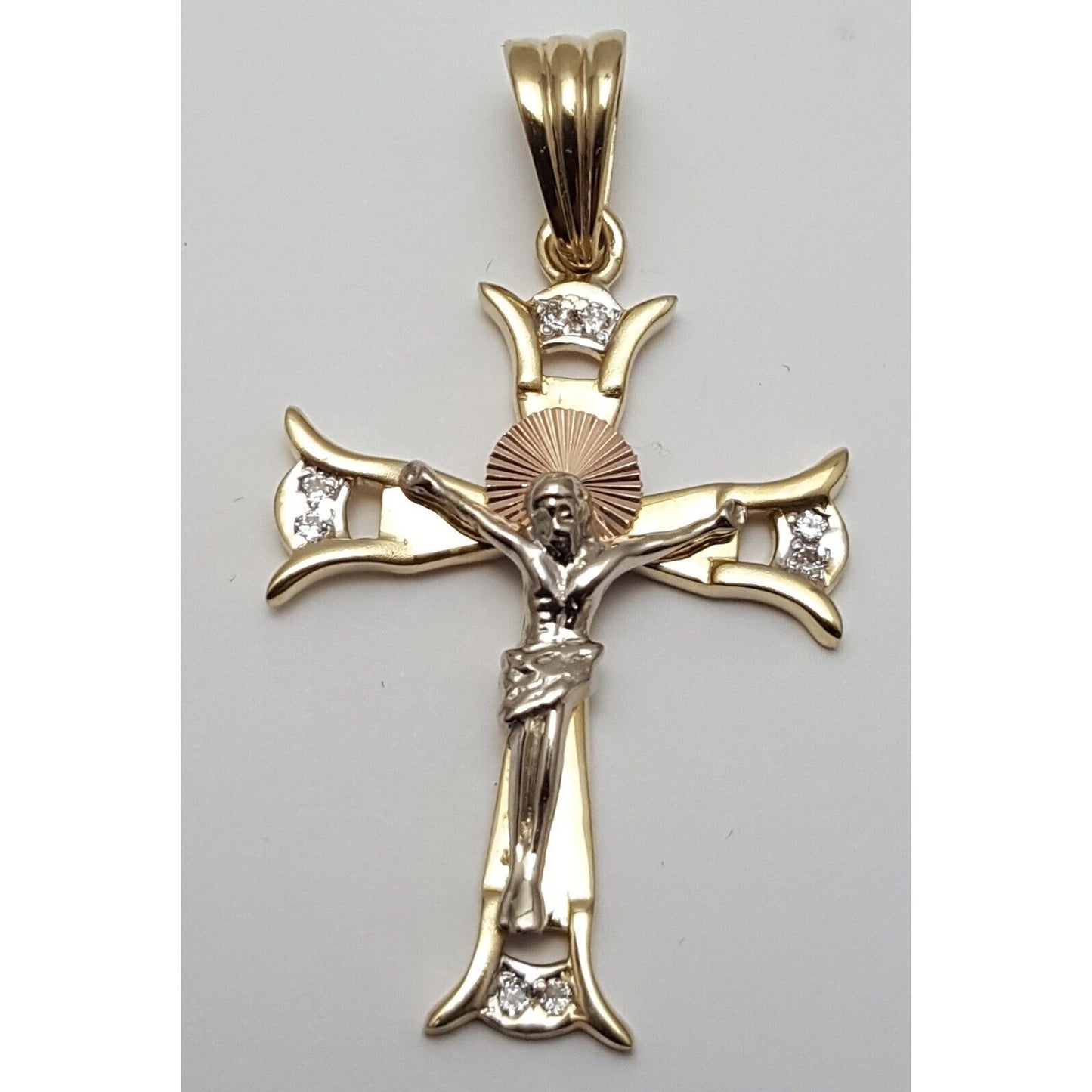 14K Solid Two Tone Gold Jesus on Cross Cubic Zirconia Charm Pendant