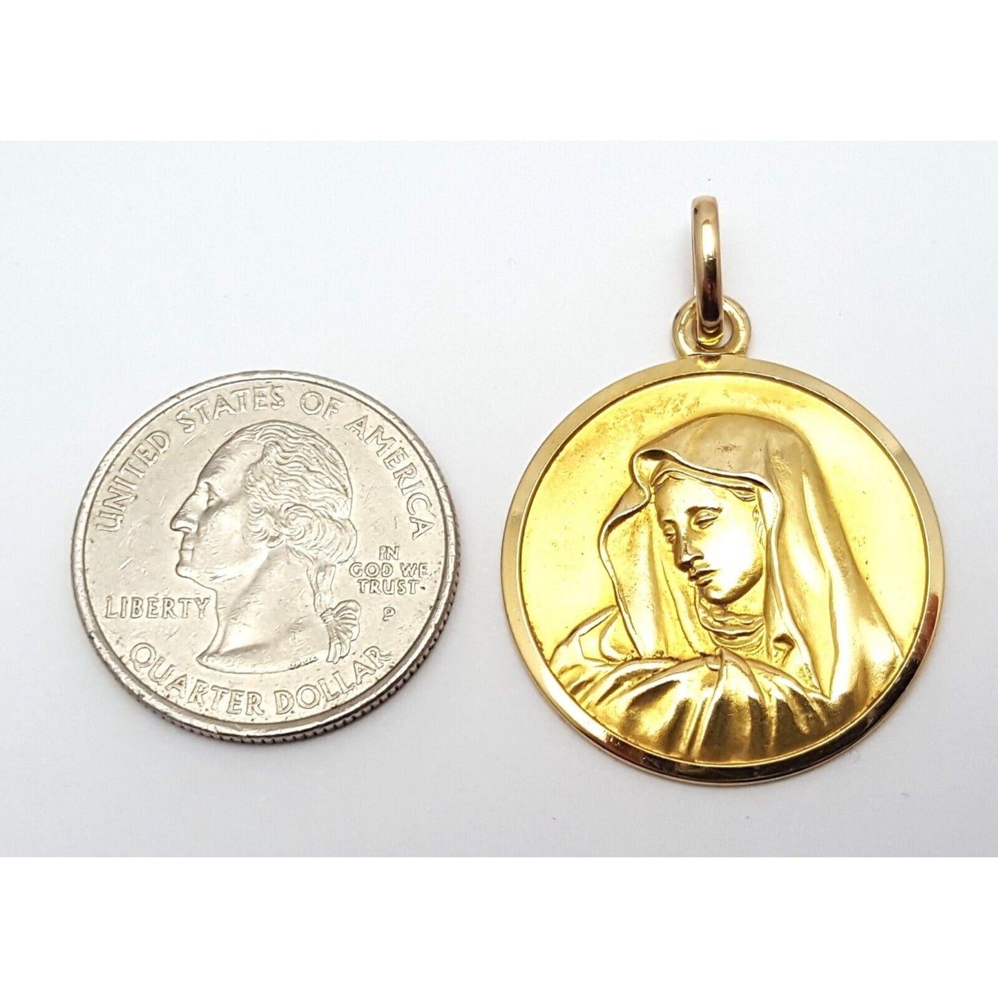 18K Solid Yellow Gold Religious Saint Mary Round Charm Pendant