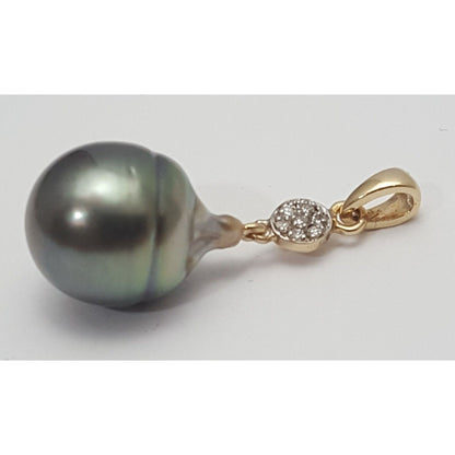 14K Solid Yellow Gold Drop Dangle Tahitian Pearl & Diamond Charm Pendant