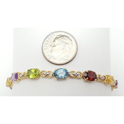 10K Solid Multi Tone Gold Multi Colored Gemstone Tennis Link Bracelet