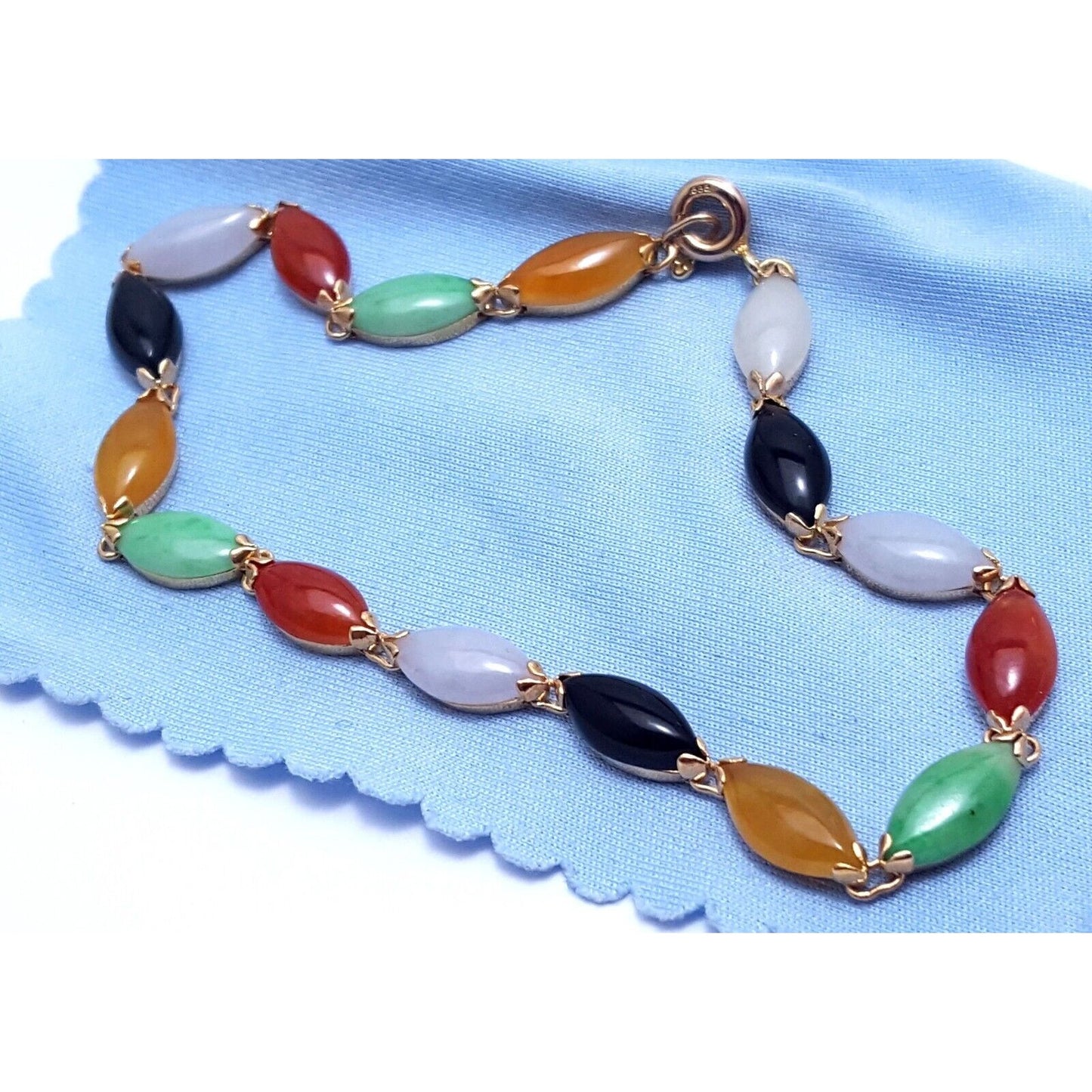 14K Solid Yellow Gold Multi Color Gemstone Link Bracelet