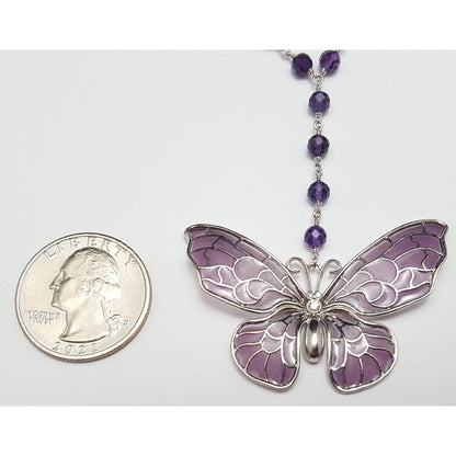 Tiffany & Co 18K White Gold Amethyst Diamond Enamel Butterfly Pendant Necklace