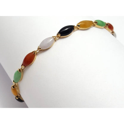 14K Solid Yellow Gold Multi Color Gemstone Link Bracelet