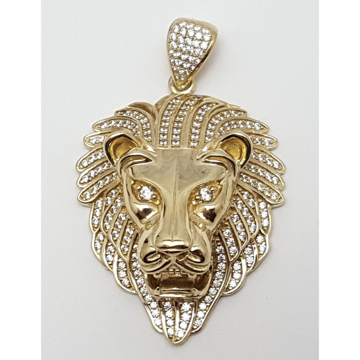 10K Solid Yellow Gold 3D Cubic Zirconia Lion Head Charm Pendant