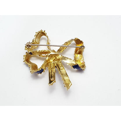 Vintage Victorian Tiffany & Co 18K Solid Yellow Gold Blue Enamel Bow Brooch Pin