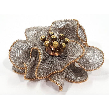 Fraccari Italian 18K Two Tone Gold Mesh Flower Rose Brooch