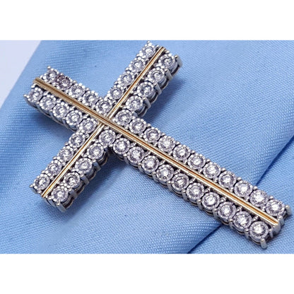 10K Solid Two Tone Gold Designer Diamond Cross Pendant Charm 1.44 ct