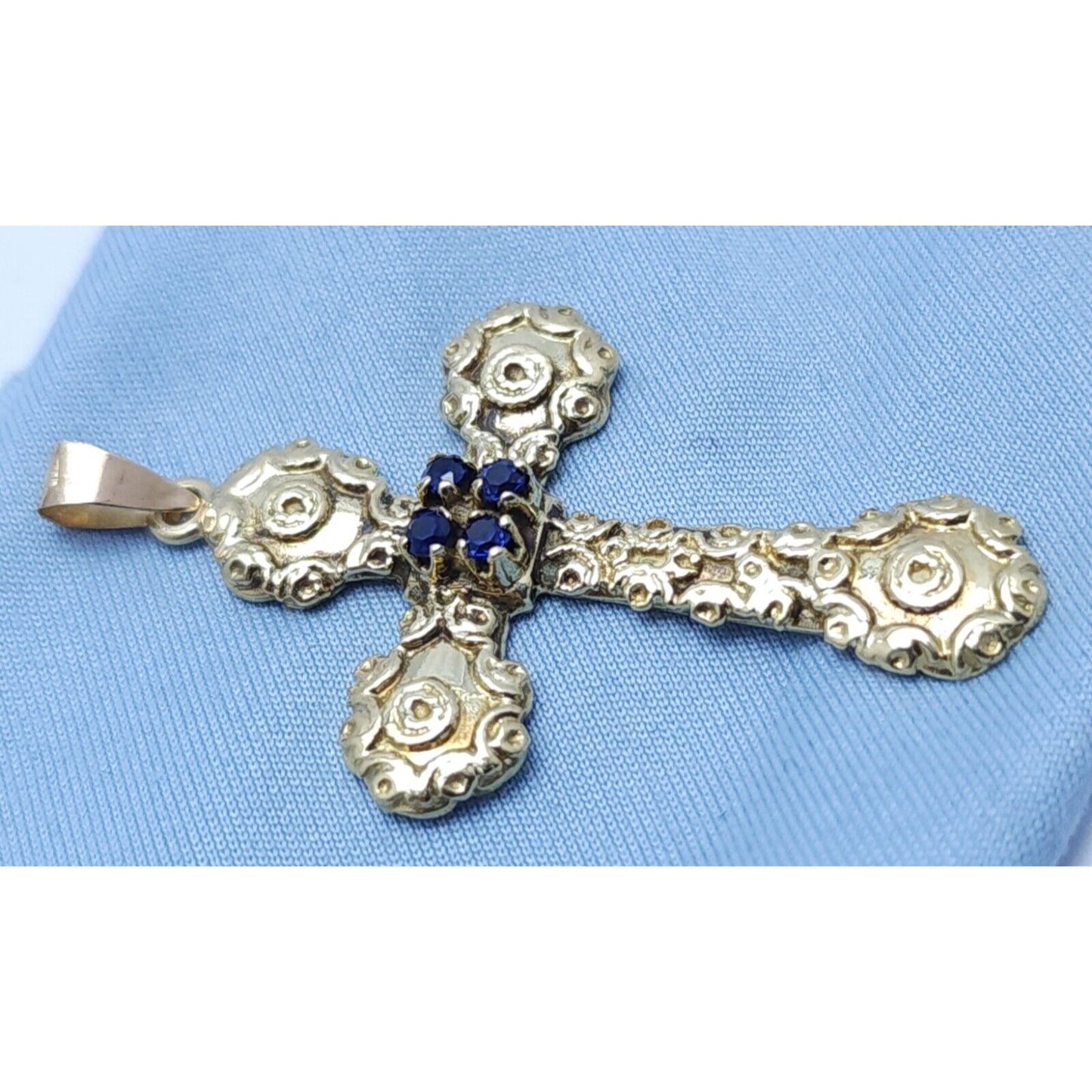 18K Solid Yellow Gold Religious Sapphire Cross Charm Pendant