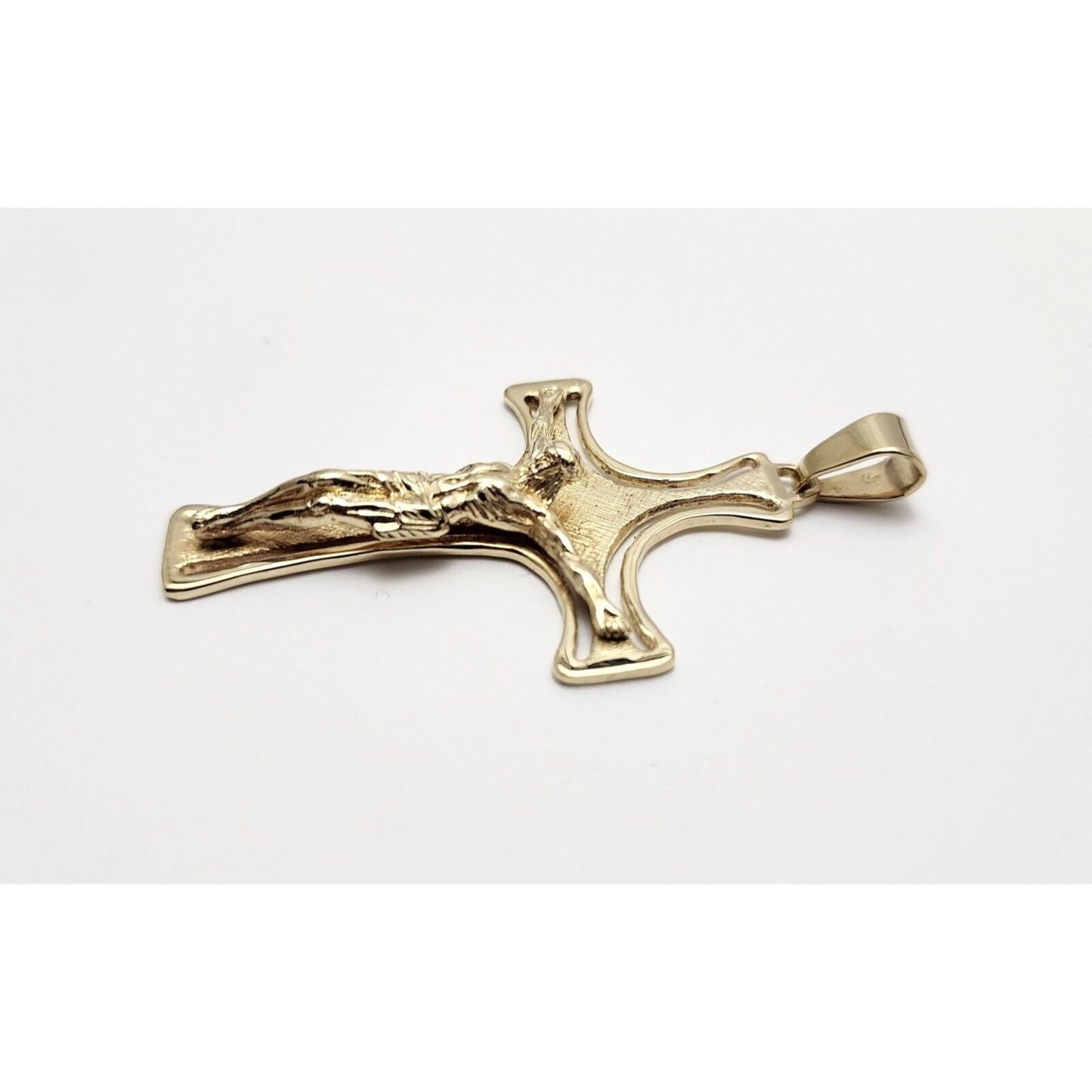 14K Solid Yellow Gold Designer Religious Jesus on Cross Charm Pendant