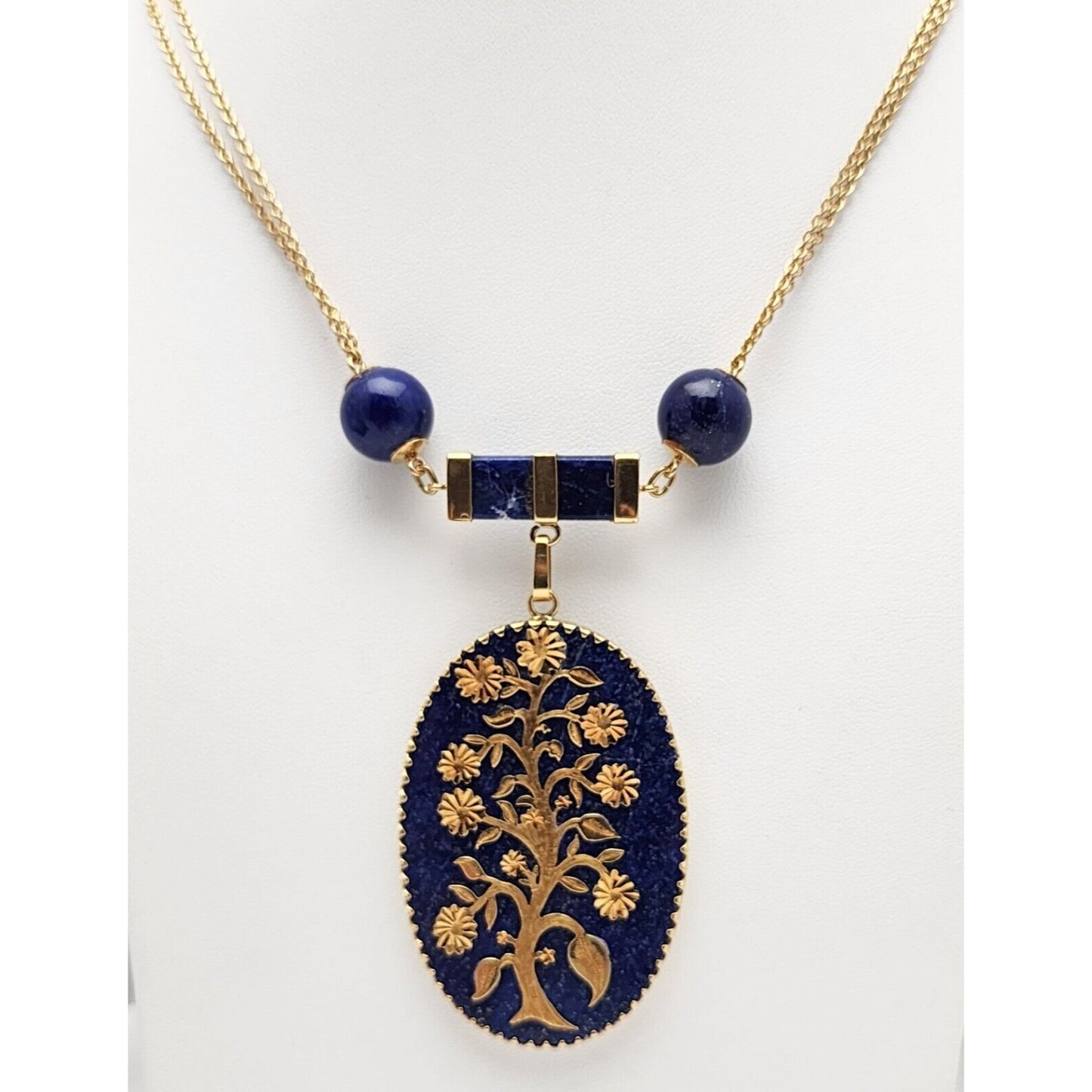 18K Solid Yellow Gold Floral Lapis Lazuli Bead Ball Link Chain Necklace