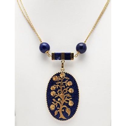 18K Solid Yellow Gold Floral Lapis Lazuli Bead Ball Link Chain Necklace