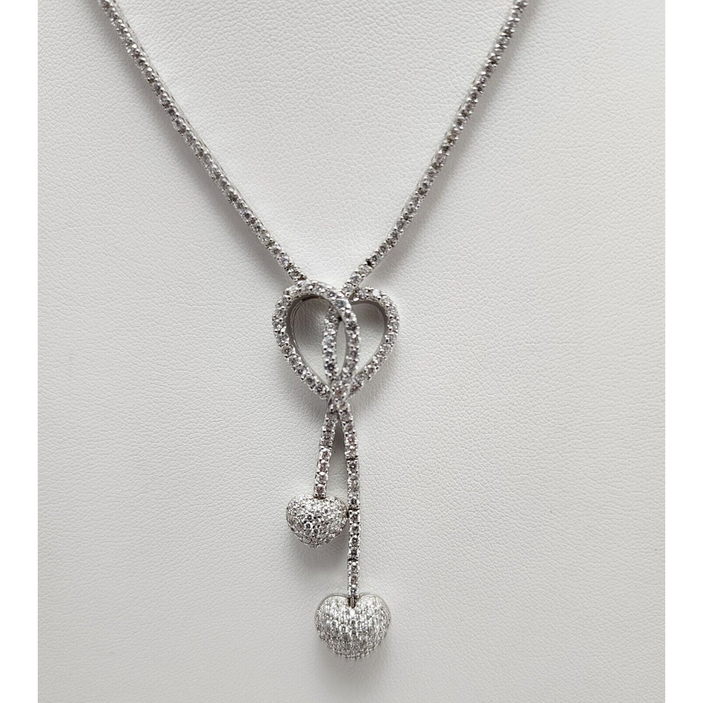 14K White Gold Diamond Double Heart Dangle Link Chain Necklace