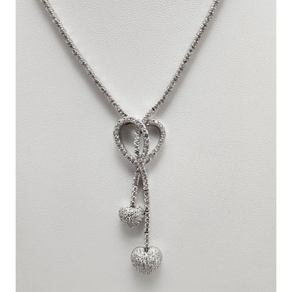 14K White Gold Diamond Double Heart Dangle Link Chain Necklace