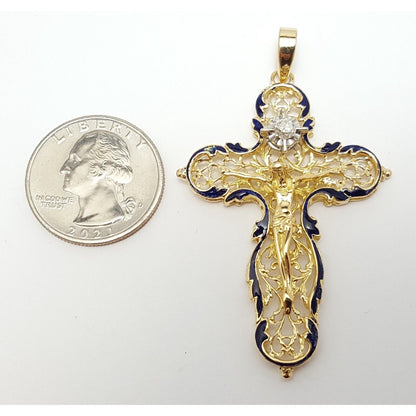 18K Solid Yellow Gold Religious Jesus Cross Diamond Enamel Charm Pendant