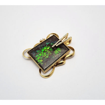 18K Solid Yellow Gold Green Ammolite Fossil & Diamond Charm Pendant