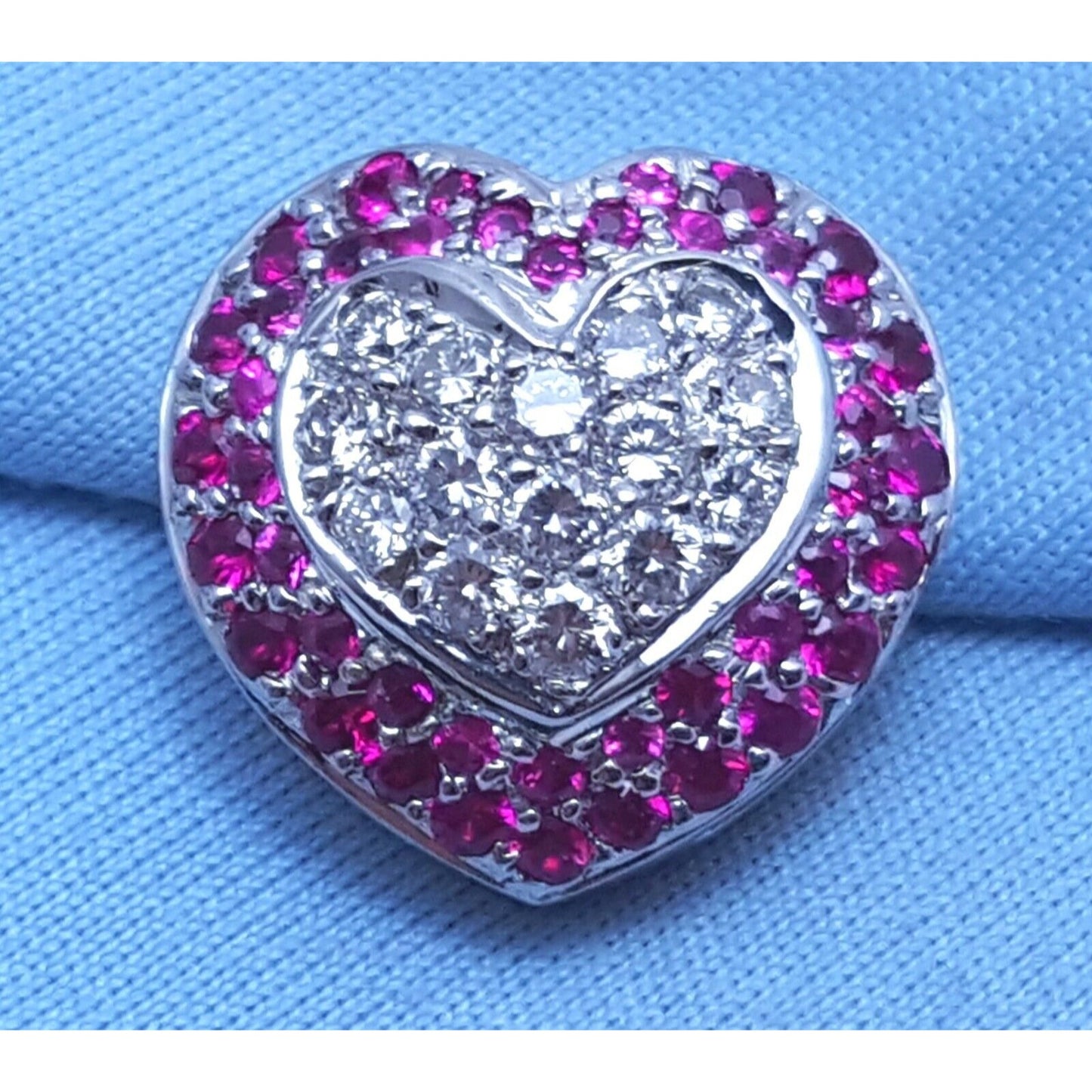 18K Solid White Gold Diamond & Ruby Puffy Heart Charm Pendant