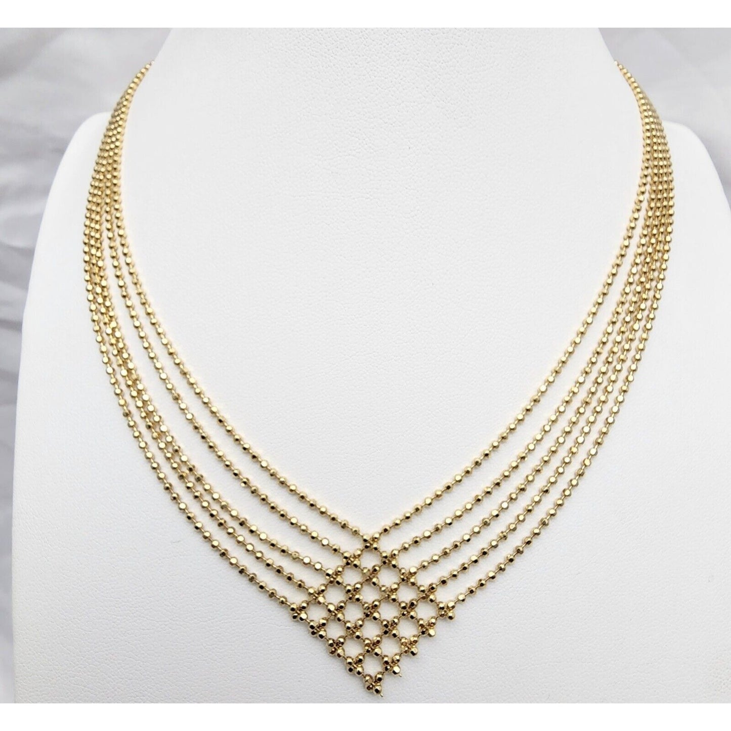 14K Yellow Gold Multi Layered 5 Strands Line Bead Ball Chain Necklace