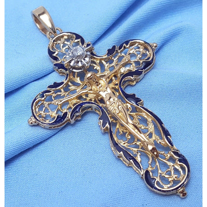 18K Solid Yellow Gold Religious Jesus Cross Diamond Enamel Charm Pendant