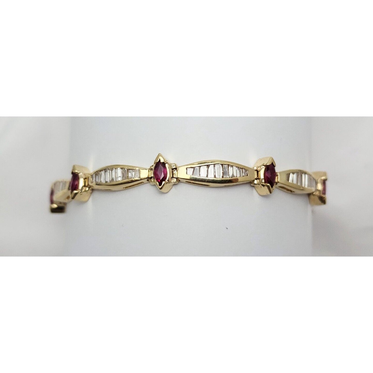 14K Solid Yellow Gold Designer Ruby & Diamond Tennis Link Bracelet