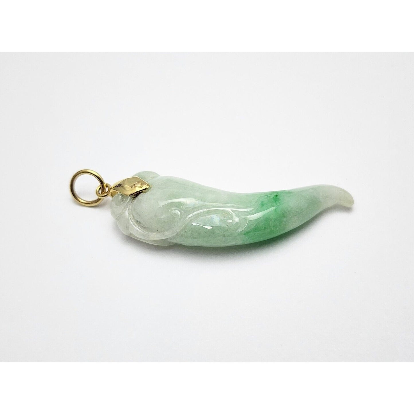 14K Yellow Gold Green Jadeite Jade Carved Chili Pepper Charm Pendant