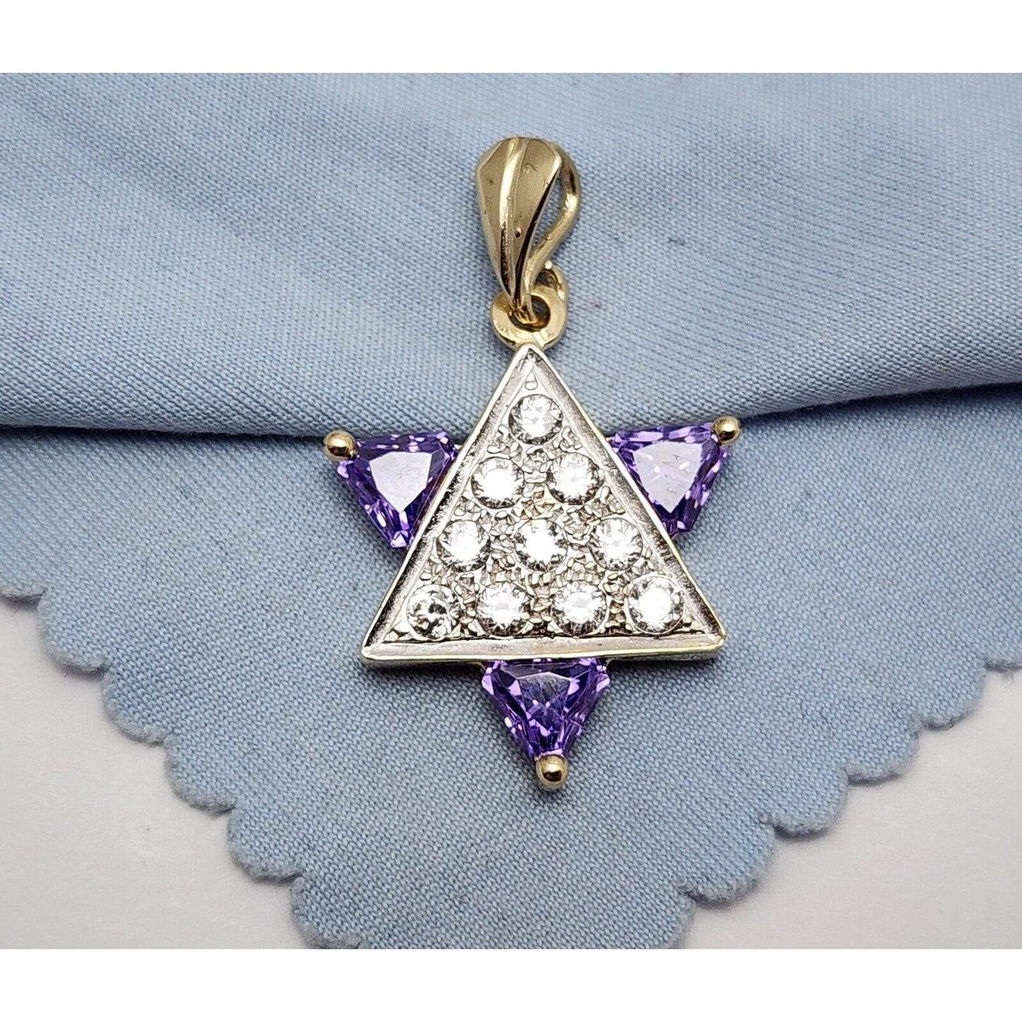 14K Two Tone Gold Star of David CZ & Amethyst Charm Pendant