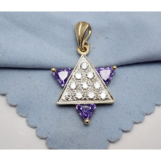 14K Two Tone Gold Star of David CZ & Amethyst Charm Pendant