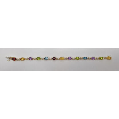 10K Solid Multi Tone Gold Multi Colored Gemstone Tennis Link Bracelet