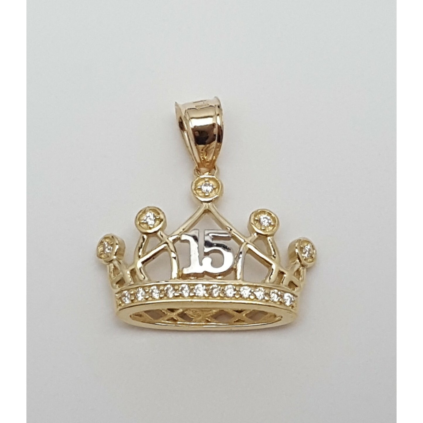 14K Two Tone CZ Quinceanera Tiara Crown 15 Pendant Charm