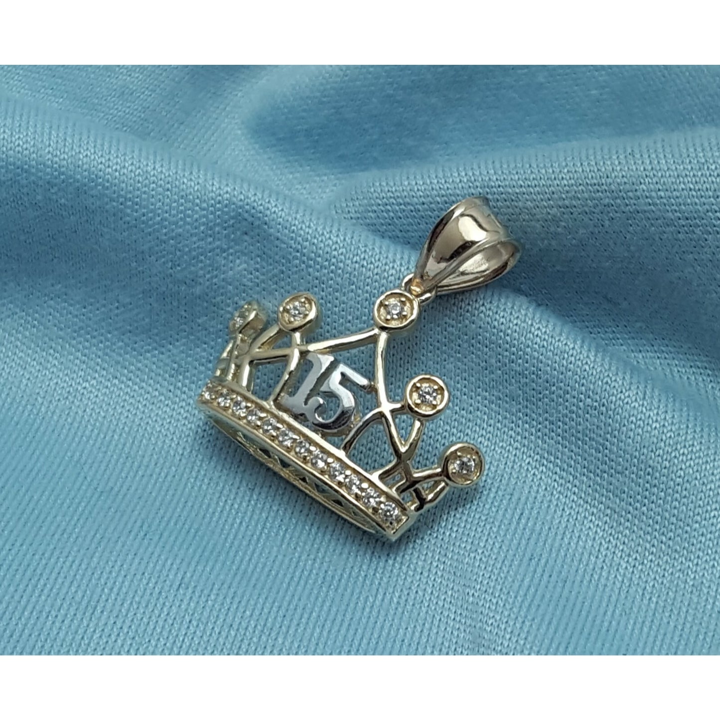 14K Two Tone CZ Quinceanera Tiara Crown 15 Pendant Charm