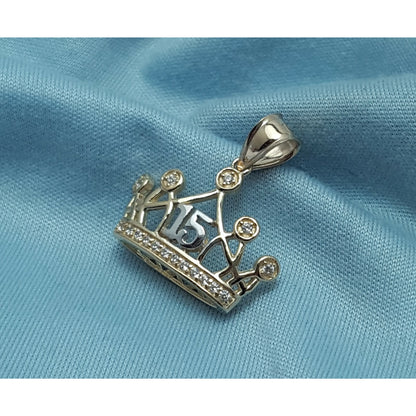14K Two Tone CZ Quinceanera Tiara Crown 15 Pendant Charm