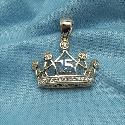 14K Two Tone CZ Quinceanera Tiara Crown 15 Pendant Charm