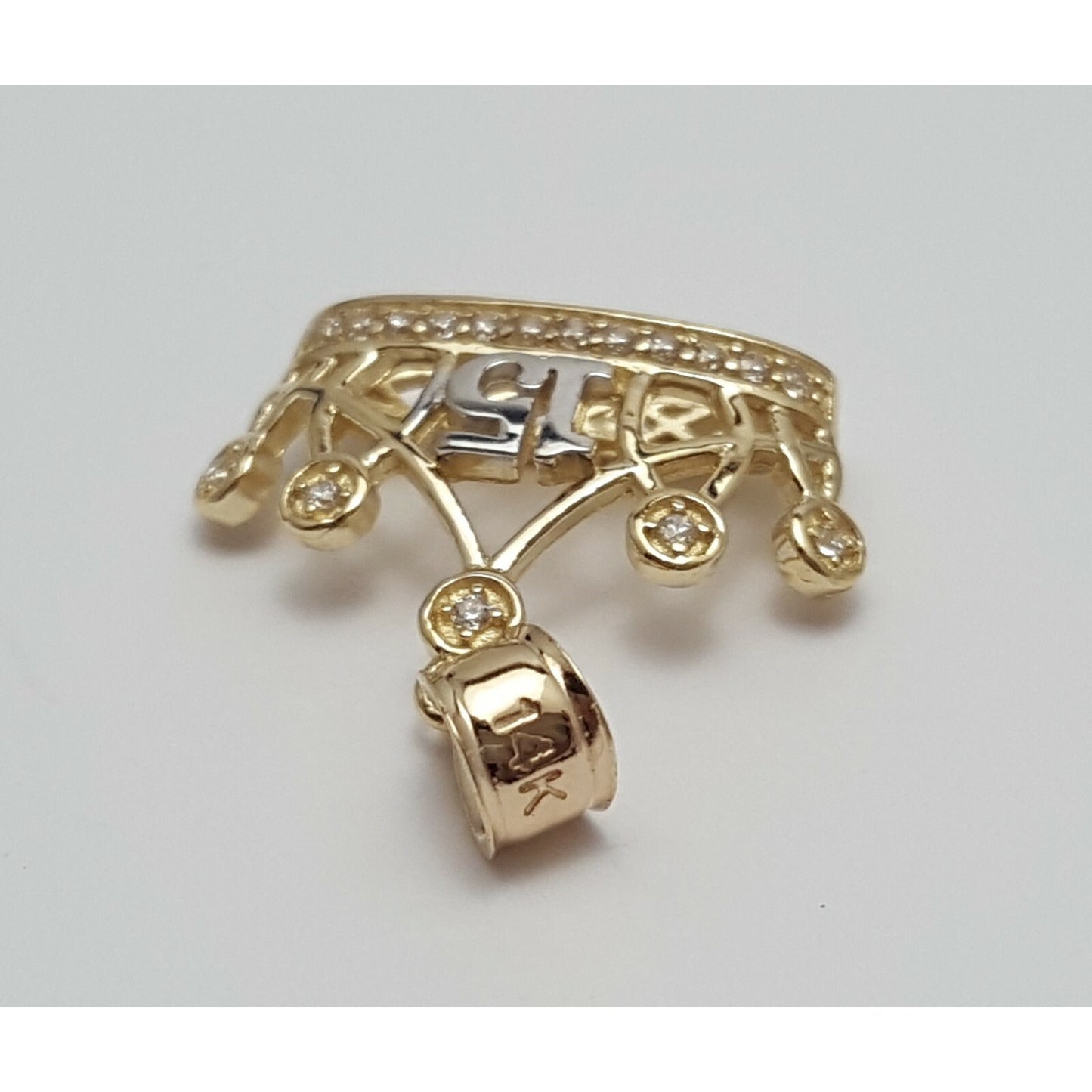 14K Two Tone CZ Quinceanera Tiara Crown 15 Pendant Charm