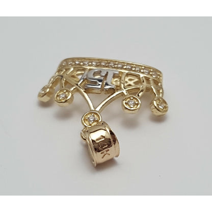 14K Two Tone CZ Quinceanera Tiara Crown 15 Pendant Charm