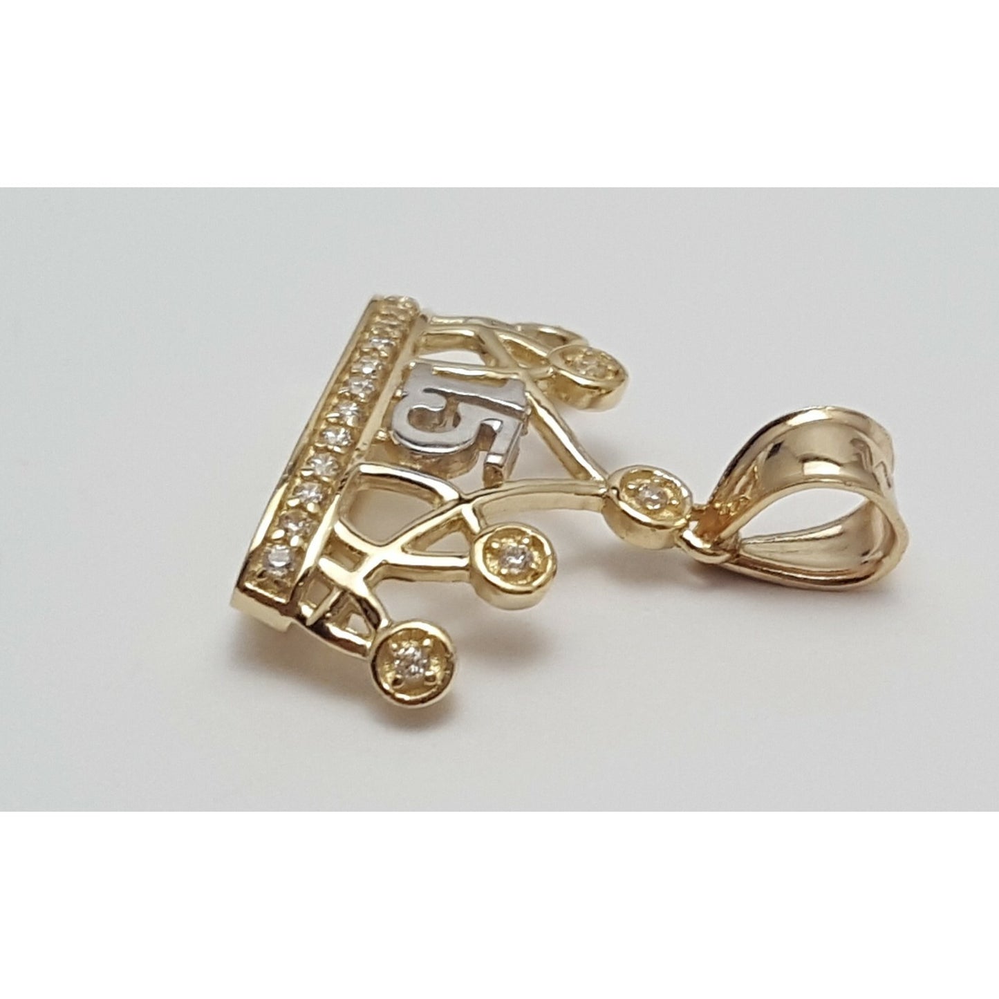 14K Two Tone CZ Quinceanera Tiara Crown 15 Pendant Charm