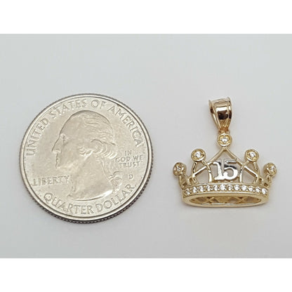 14K Two Tone CZ Quinceanera Tiara Crown 15 Pendant Charm