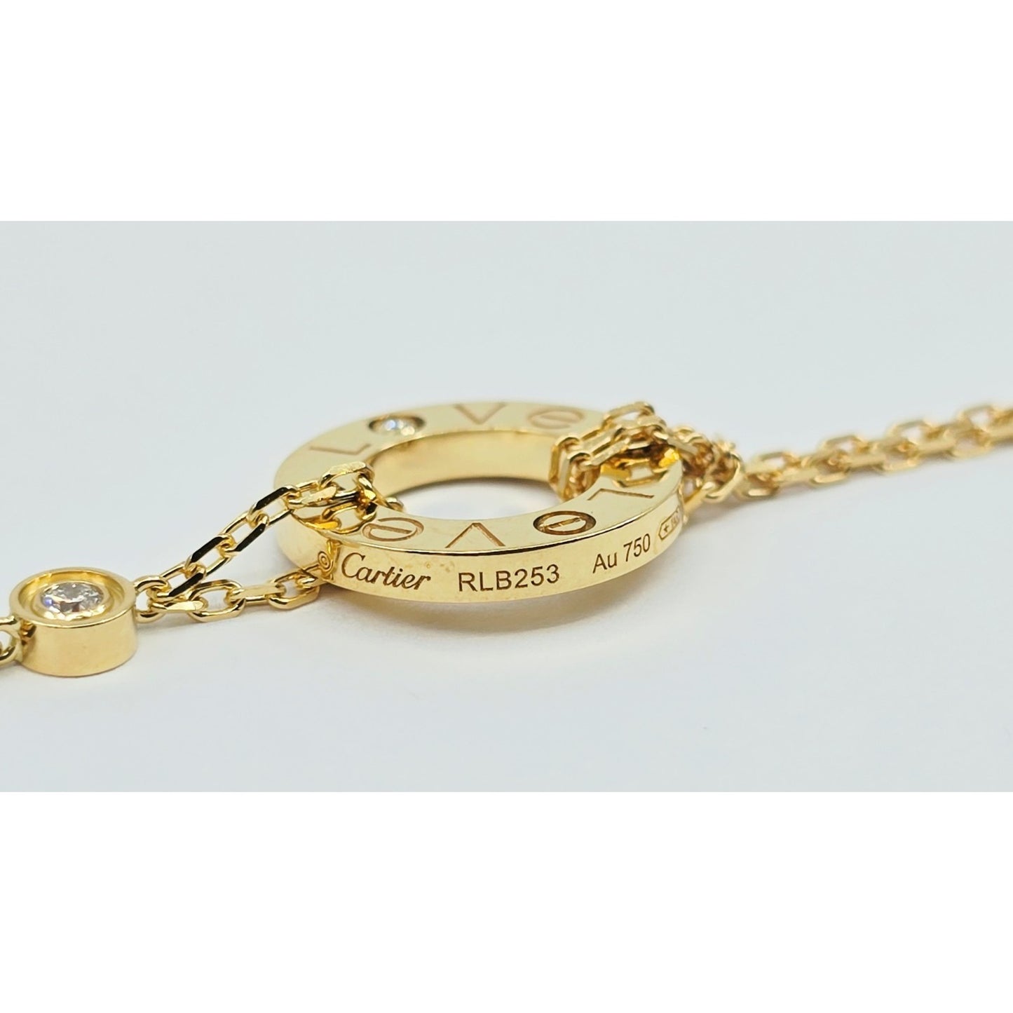 18K Yellow Gold Cartier LOVE bracelet on chain 2 diamonds with Box & Paper
