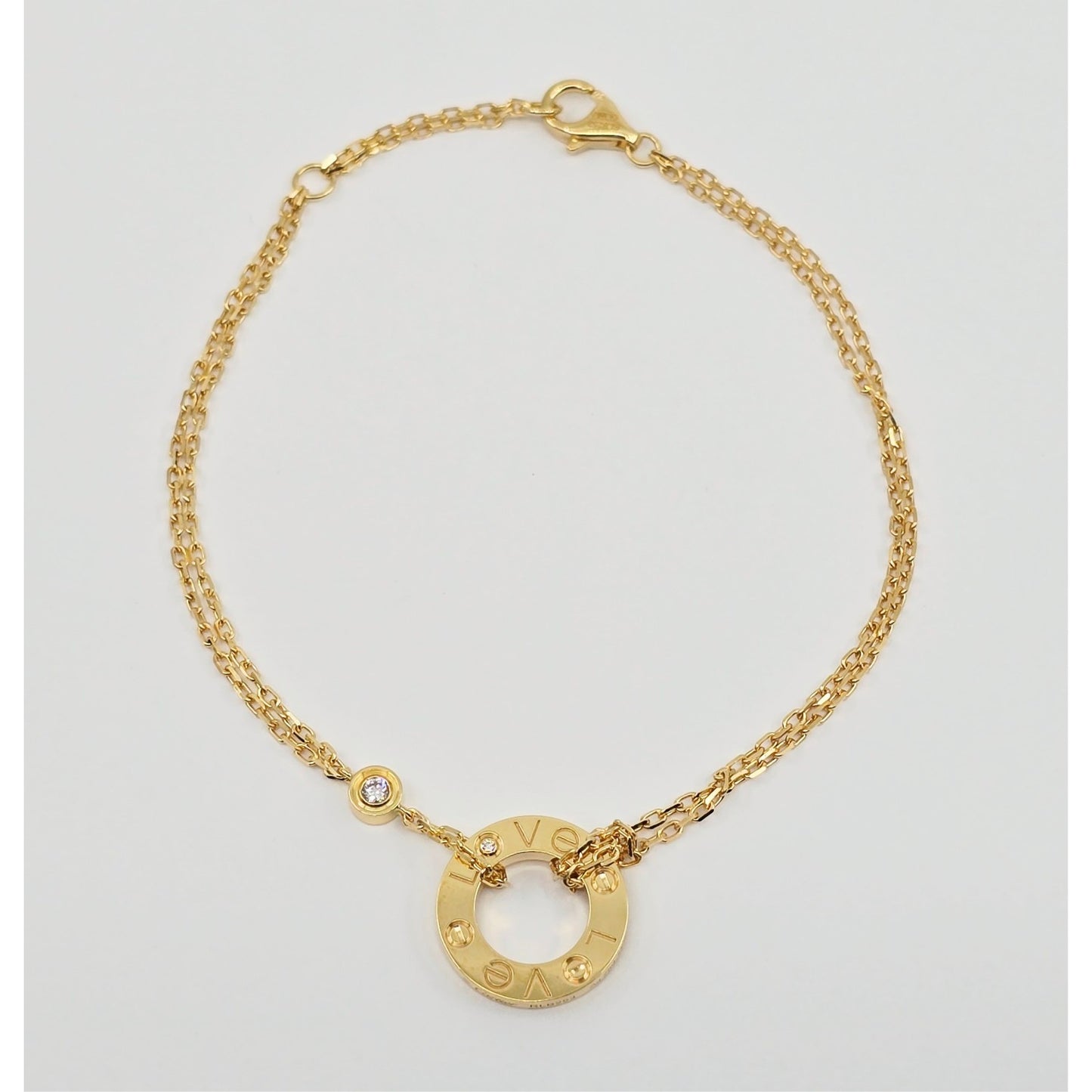 18K Yellow Gold Cartier LOVE bracelet on chain 2 diamonds with Box & Paper