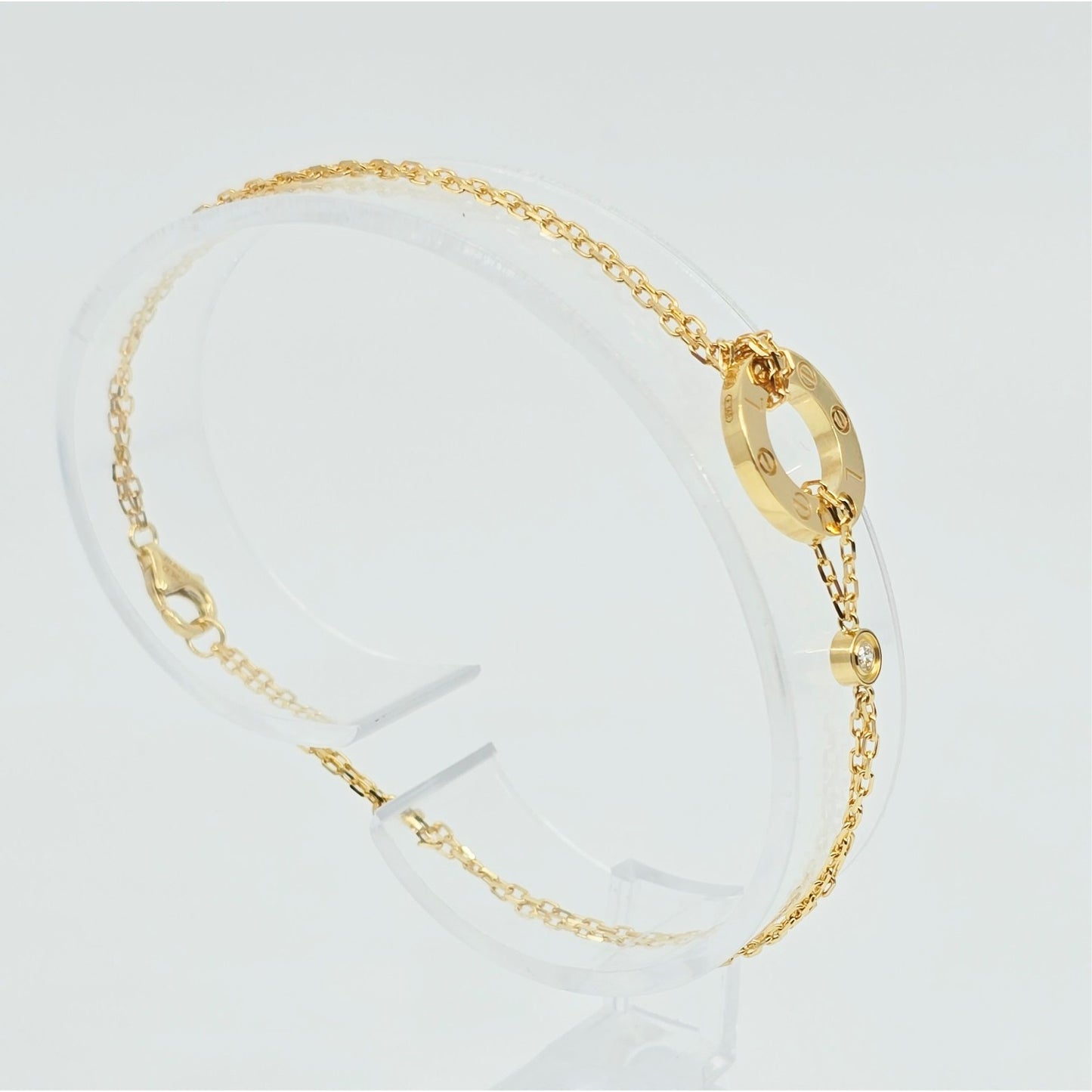 18K Yellow Gold Cartier LOVE bracelet on chain 2 diamonds with Box & Paper