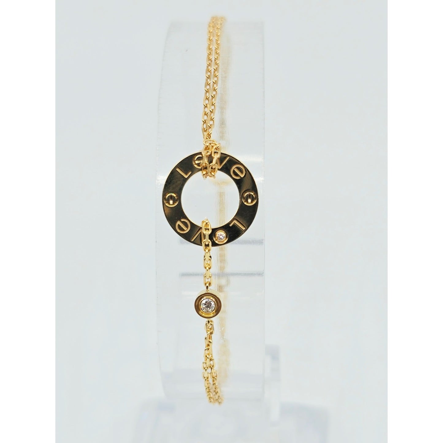 18K Yellow Gold Cartier LOVE bracelet on chain 2 diamonds with Box & Paper