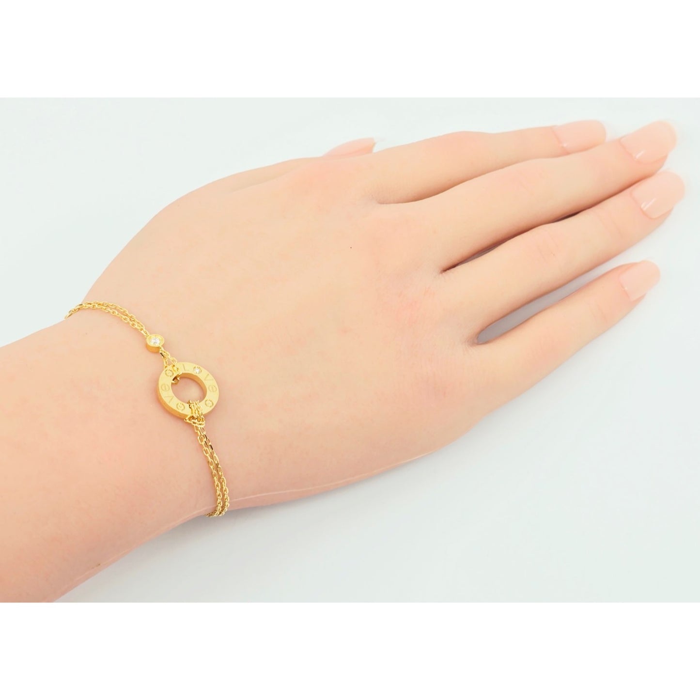 18K Yellow Gold Cartier LOVE bracelet on chain 2 diamonds with Box & Paper