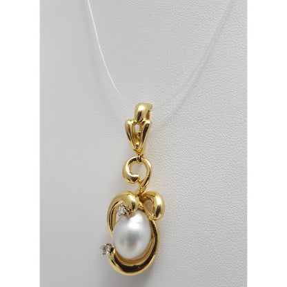 18K Solid Yellow Gold Designer Pearl & Diamond Drop Dangle Charm Pendant